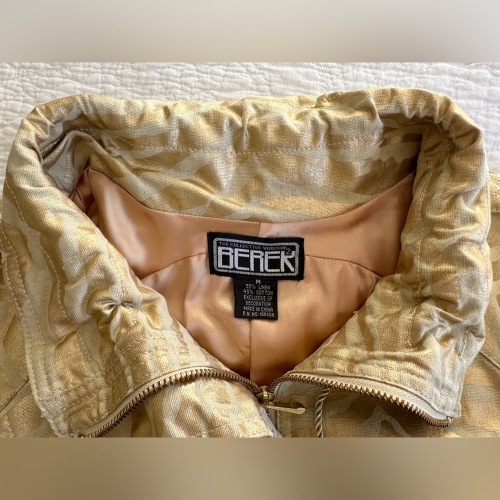 Berek Takako Metallic Gold Blazer Jacket Sz Medium Pockets Full Zip Linen Blend - Picture 3 of 16